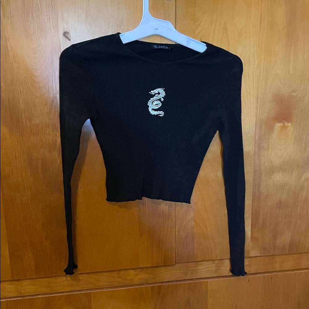 SHEIN Black Crop Top with Dragon Detail